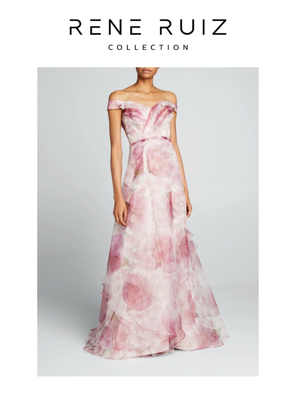 RENE RUIZ COLLECTION Off-the-Shoulder Floral Organza Gown